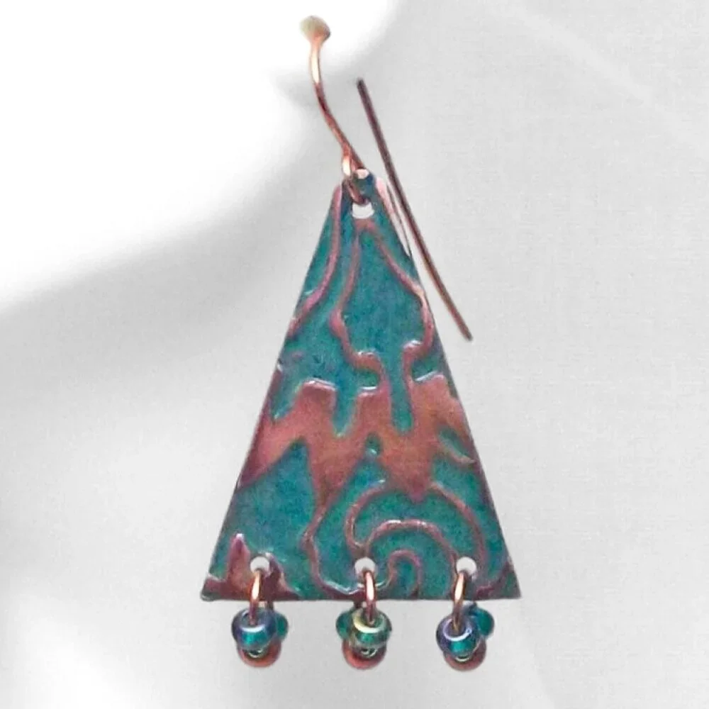Teal Enameled Copper Triangle Chandelier Earrings - Picture 3 of 4